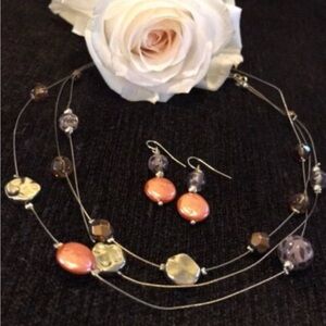 Orange and Brown Multi-Strand Necklace and Earring set with Elegant Beads